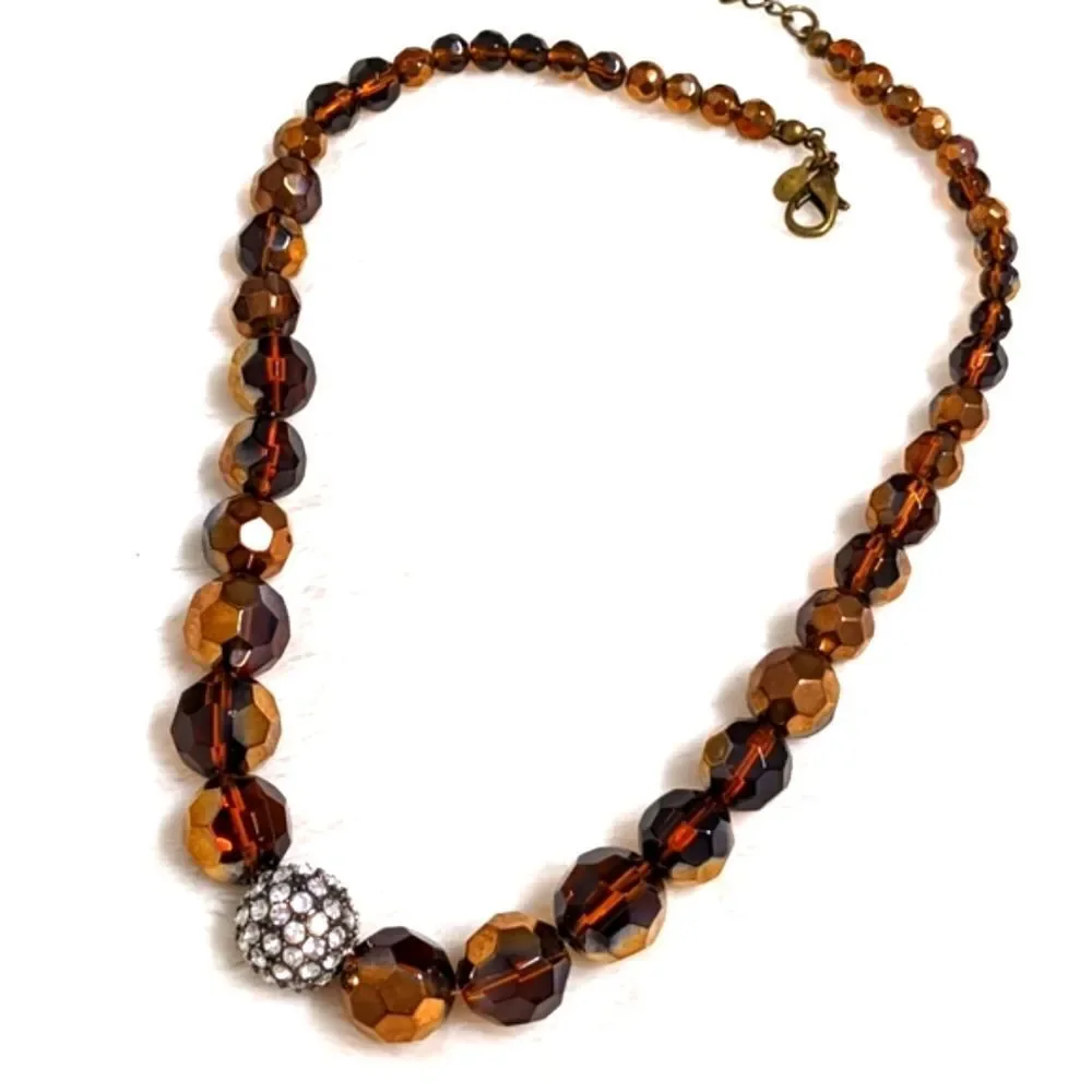 Vintage Golden Amber Facetted Lucite Bead Necklace w/ Rhinestone Accent - Picture 3 of 8